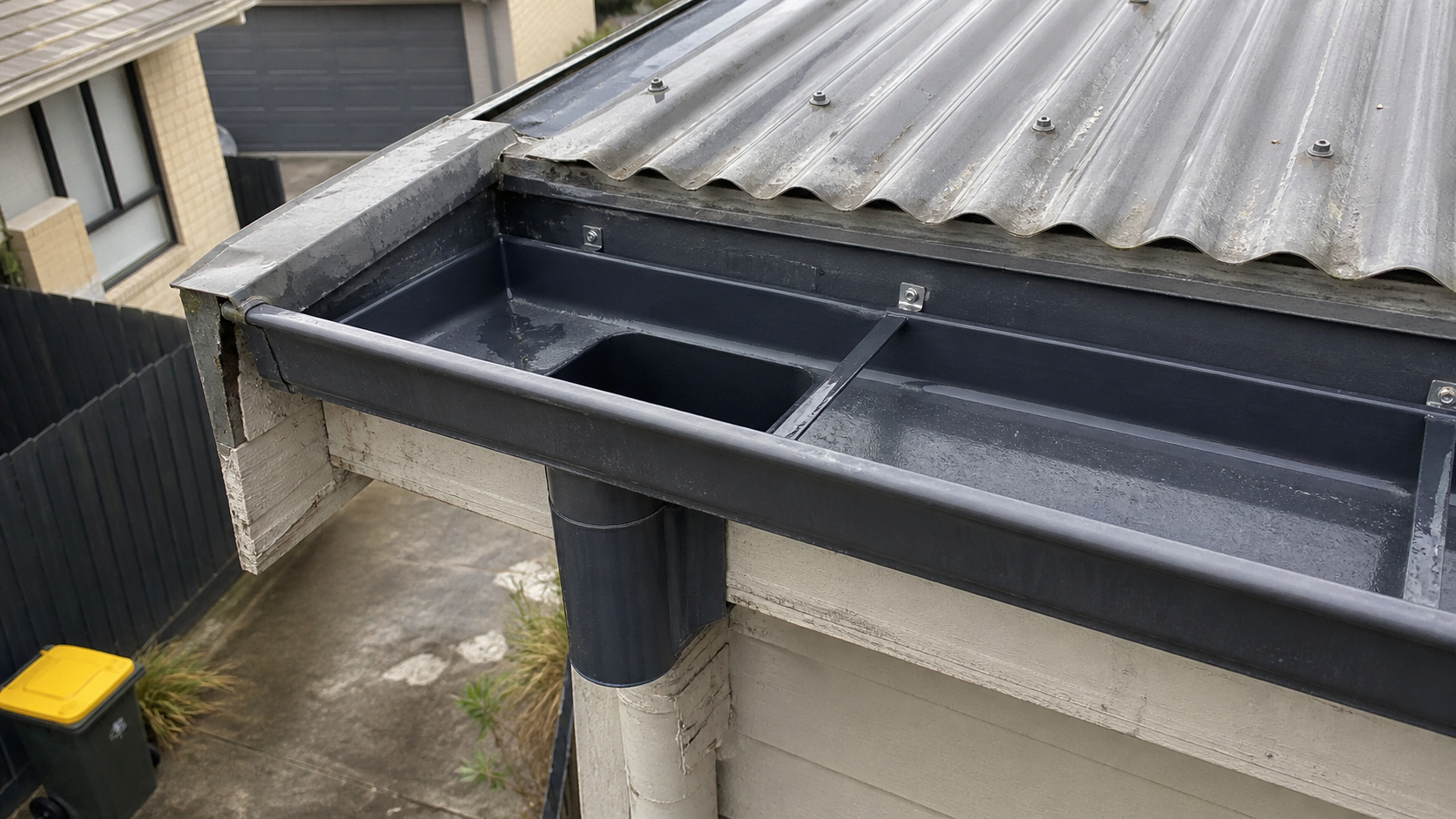 Freshly cleared dark gutter and outlet on a Hamilton townhouse