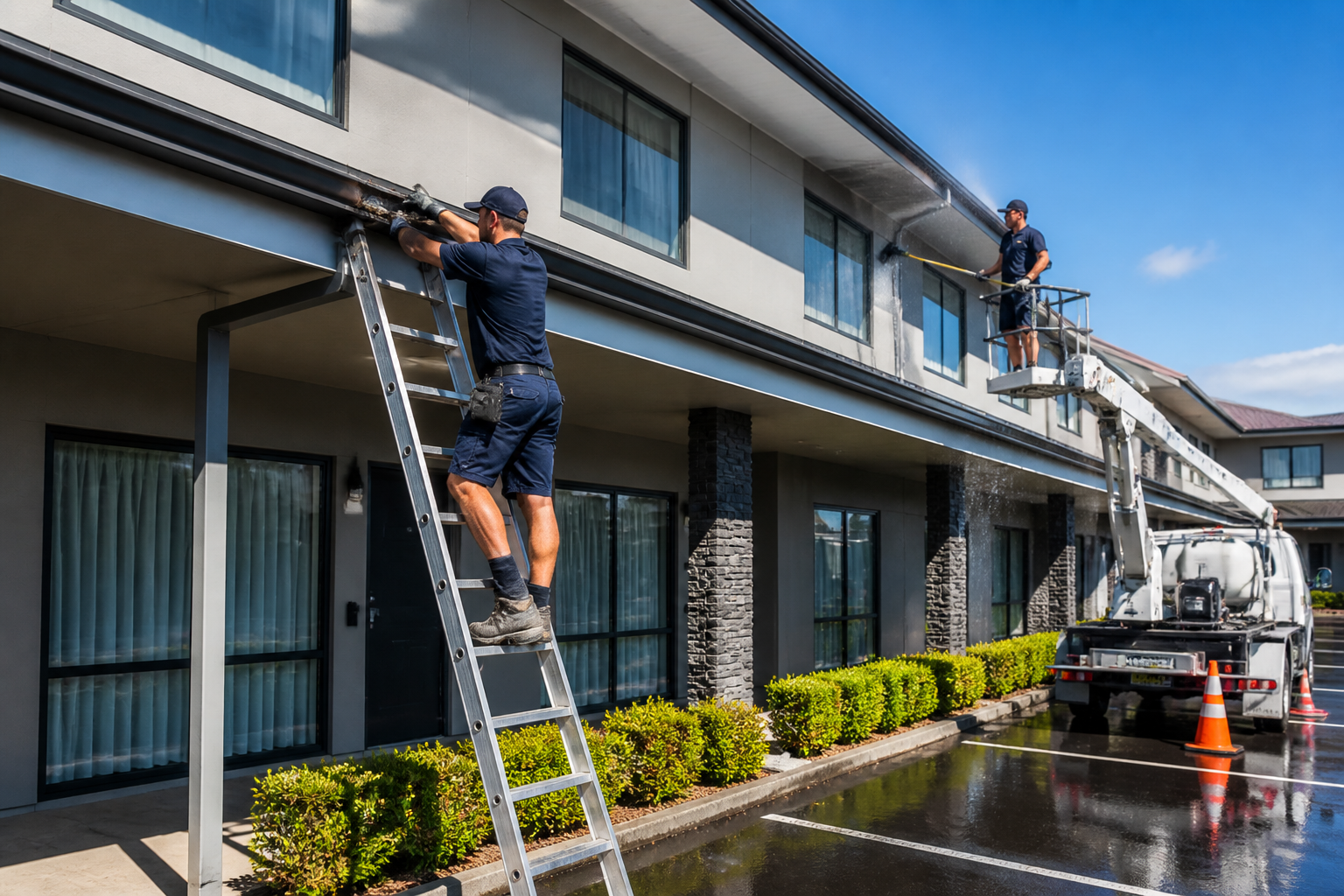 Commercial exterior maintenance and gutter cleaning